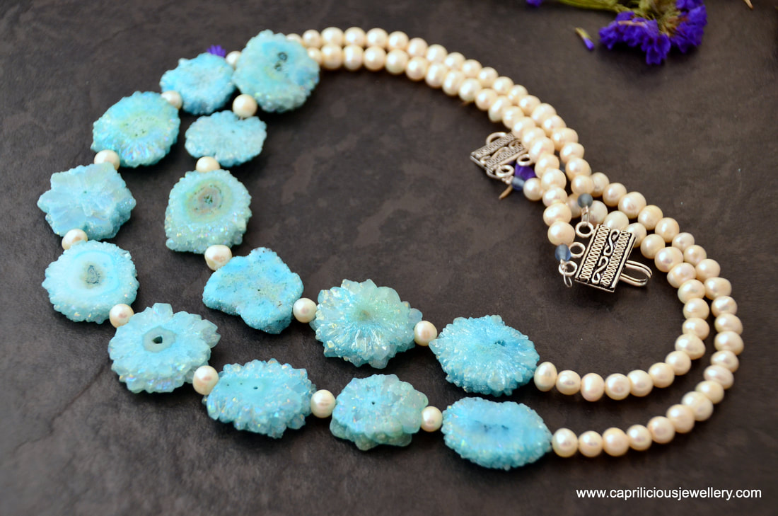 Solar quartz druzy and pearl necklace by Caprilicious Jewellery