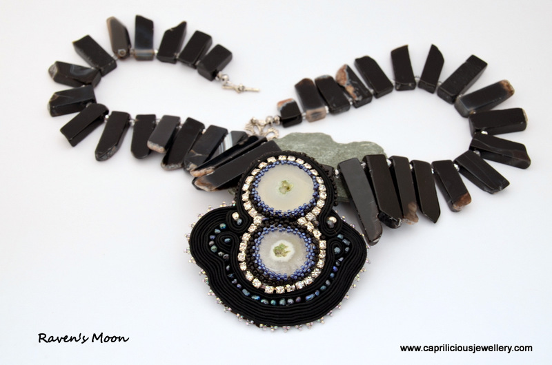 Raven's moon - Solar quartz and soutache pendant on a black agate tusk slab bead necklace by Caprilicious Jewellery