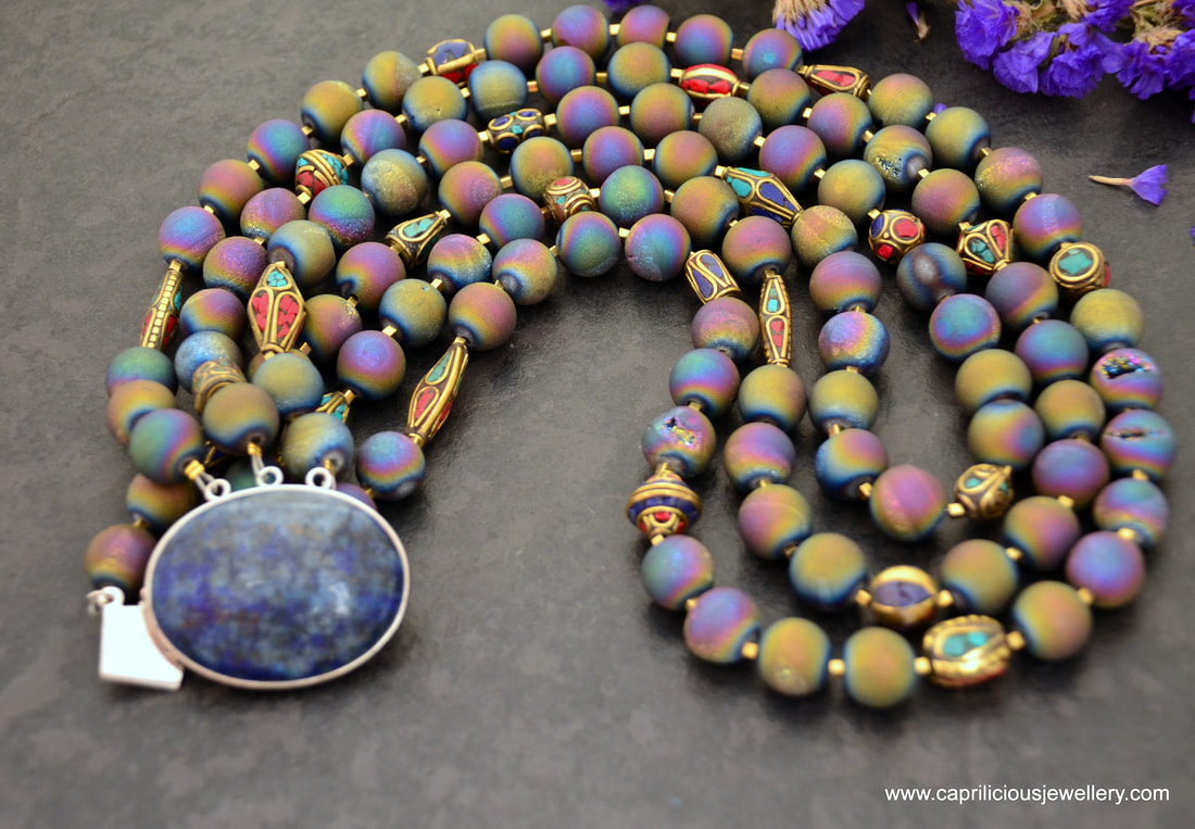 Oil SLick Necklace - golden druzy agate and Nepalese beads with turquoise, lapis and coral