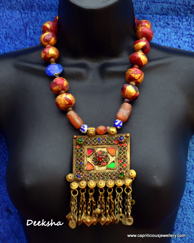 Deeksha - polymer clay faux Tibetan Mala beads and Afghani pendant by Caprilicious Jewellery