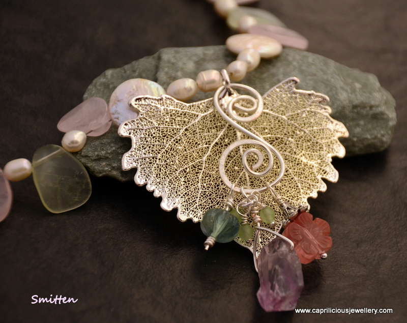Green jade and rose quartz necklace with freshwater pearls, #bridal jewellery#bridesmaids jewellery electroplated leaf skeleton by Caprilicious Jewellery