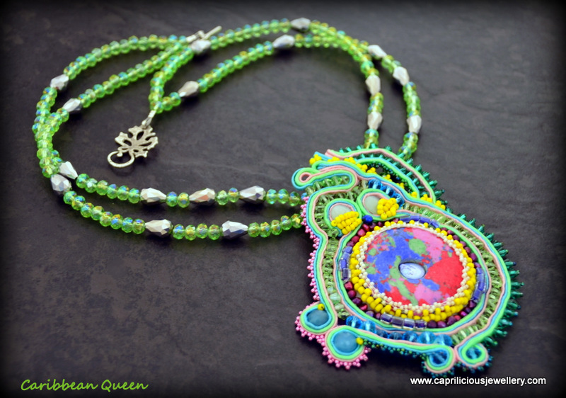 Soutache embroidery and beadwork donut pendant on a necklace of crystals - Caribbean Queen by Caprilicious Jewellery