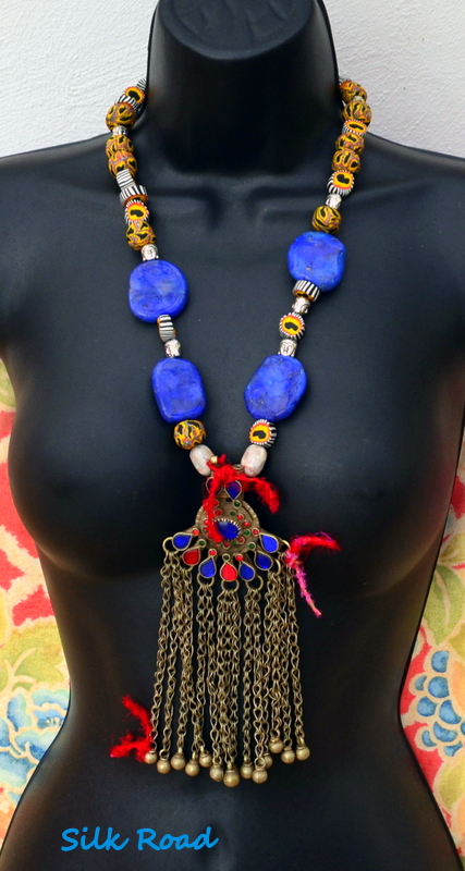 Tribal Bling, belly dancing jewellery with Afghani pendant and polymer clay beads by Caprilicious Jewellery