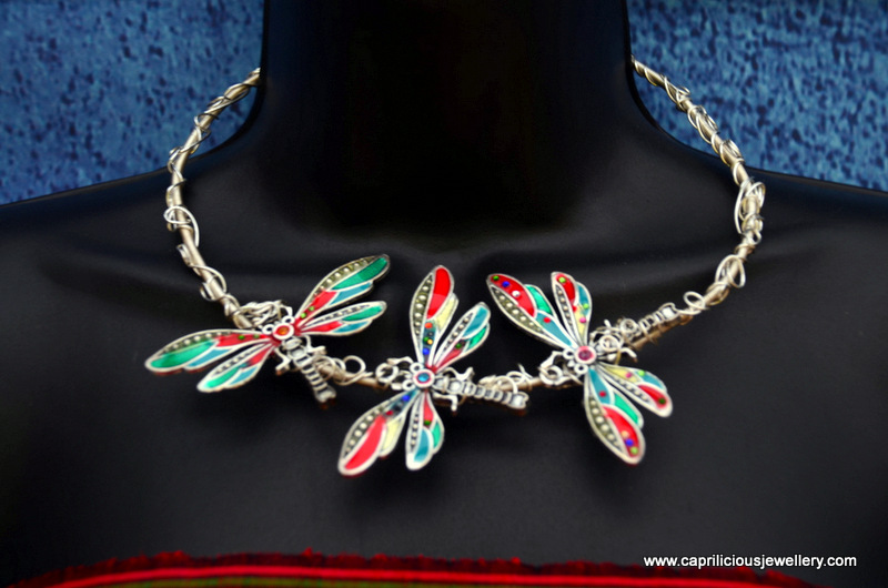 Cold enamelled dragonfly and wire work torque by Caprilicious Jewellery