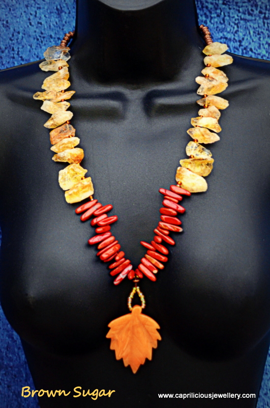 Carnelian pendant, red jasper needles and citrine rough cut nuggets in a necklace by Caprilicious Jewellery - Brown Sugar