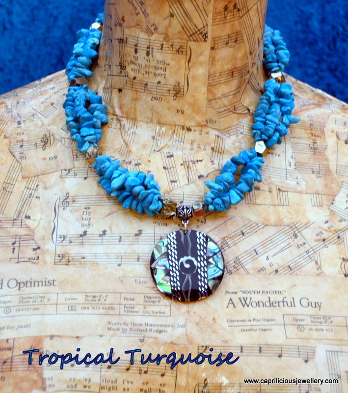 Turquoise and Pyrite with a shell pendant from Caprilicious Jewellery