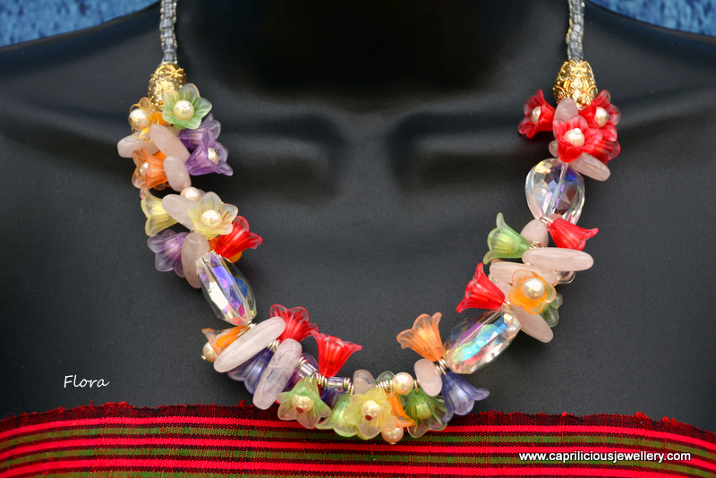 Flora, lucite flowers, crystals and Swarovski pearl necklace by Caprilicious Jewellery