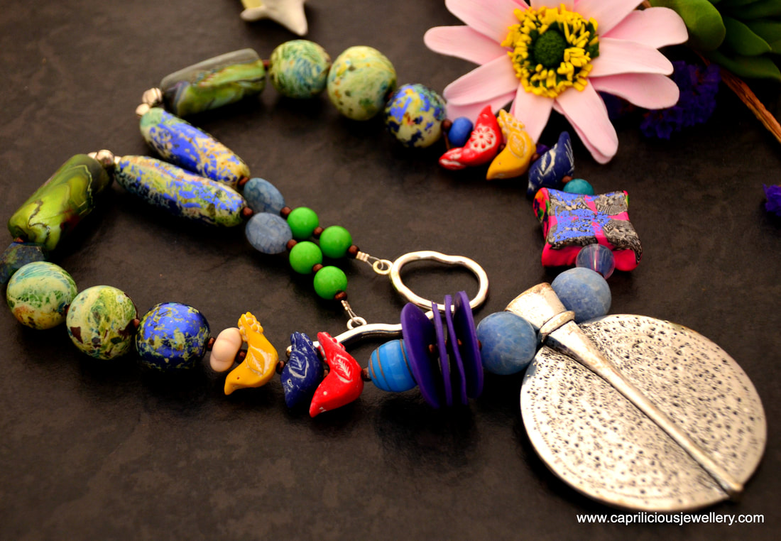 polymer clay beads, birds, tribal necklace, colourful necklace, affordable gifts, statement necklace