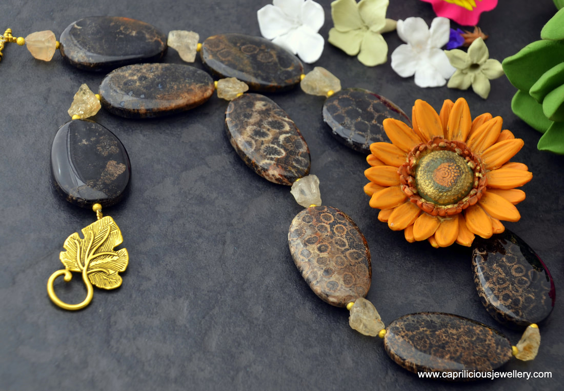 Fossil coral, citrine, raw nuggets, polymer clay, sunflower, polymer clay flower