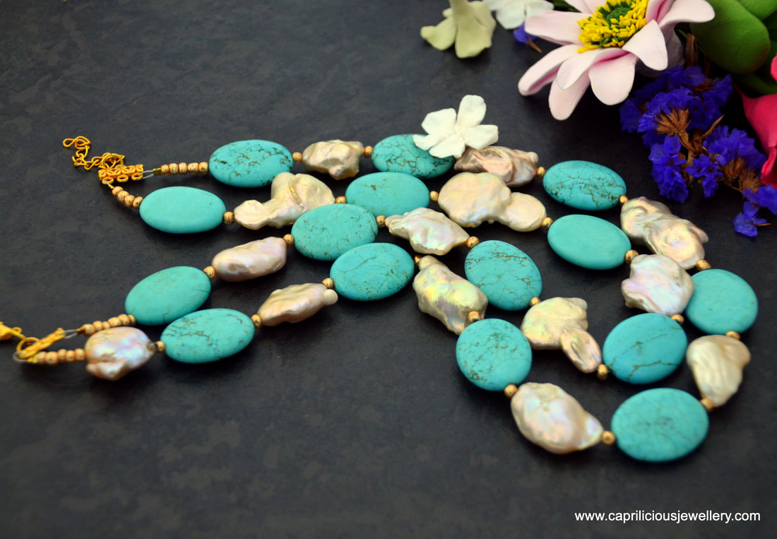 Baroque pearls, keshi pearls, nucleated freshwater pearls, turquoise, two strand necklace, statement necklace