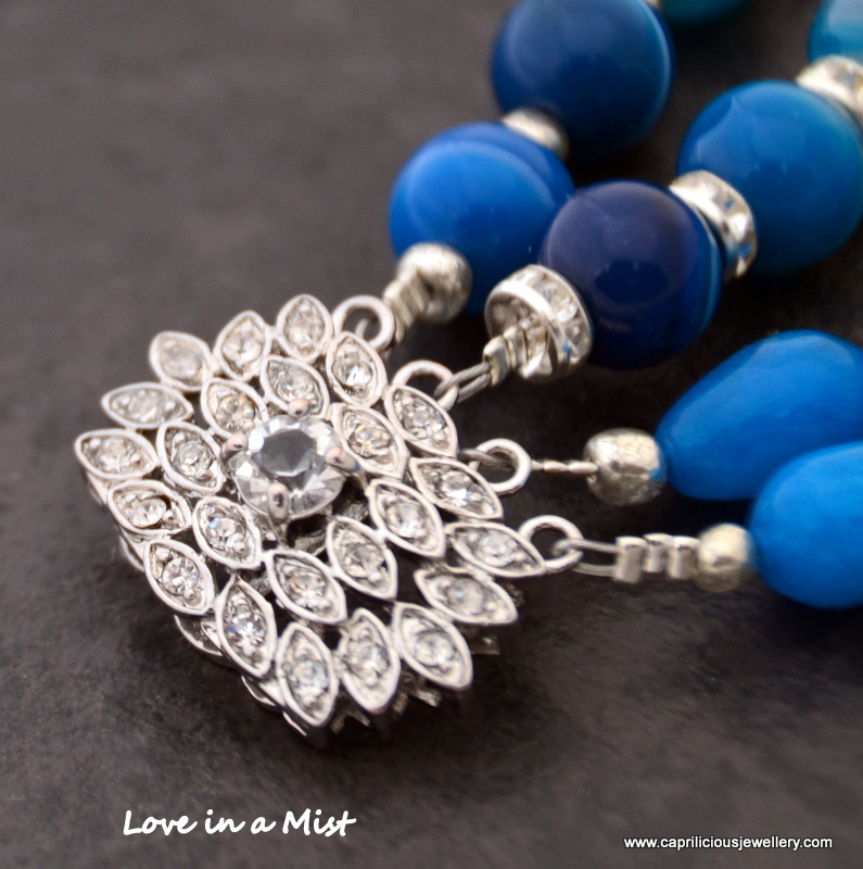 Love in a Mist - four strands of blue agate and jade with a diamanté clasp and little flowers by Caprilicious Jewellery