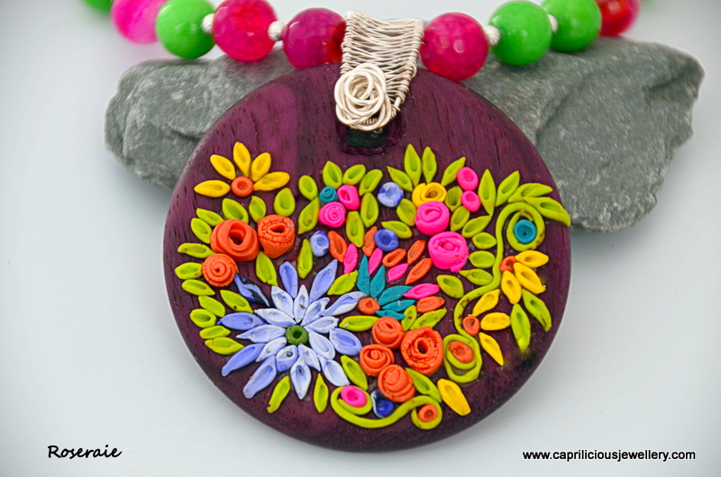 Polymer clay embroidery on wood by Caprilicious Jewellery