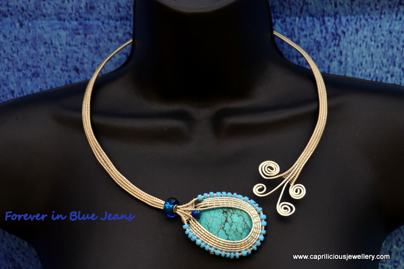 Torque necklace with turquoise, wire weave by Caprilicious Jewellery