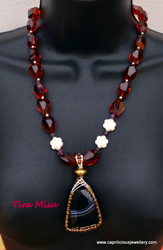 Tiramisu - wirework coffee agate pendant on a ruby quartz necklace by Caprilicious Jewellery