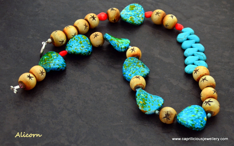 Horn, coral, lucite and turquoise necklace by Caprilicious Jewellery