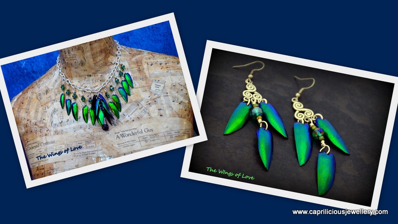 Necklace and earrings made from the wings of the Jewellery Beetle by Caprilicious Jewellery