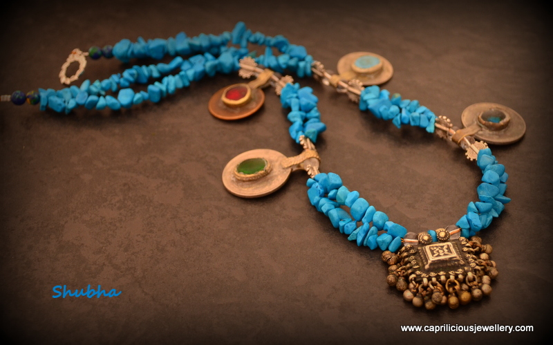 Talisman pendant from Afghanistan with turquoise nuggets and coins, belly dancing jewellery by Caprilicious Jewellery
