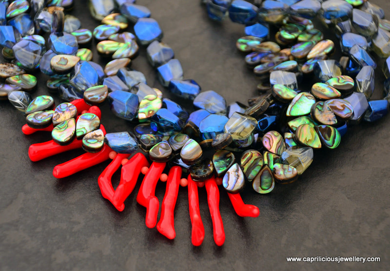 Abalone, glass and coral statement necklace by Caprilicious Jewellery