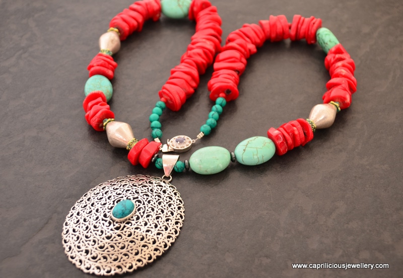Southwestern colours - bamboo coral, turquoise and sterning silver, long necklace by Caprilicious Jewellery