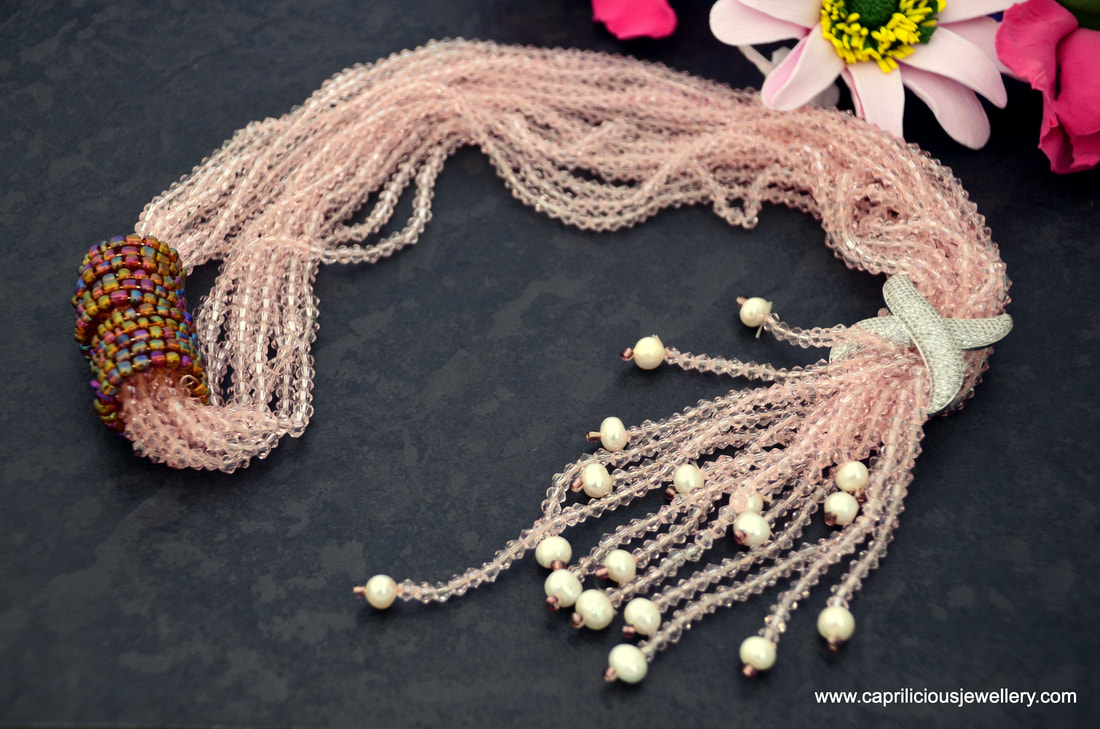 pink crystals, swarovski, pearls, lariat necklace, bolo necklace,evening necklace, LBD,  statement necklace