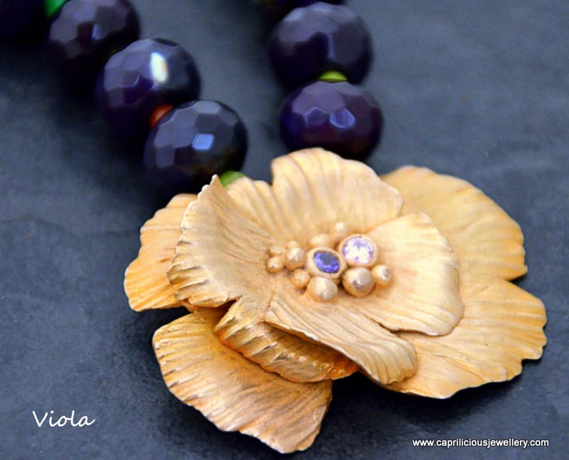 Viola - bronze clay flower, purple agate necklace, handmade wire clasp by Caprilicious Jewellery