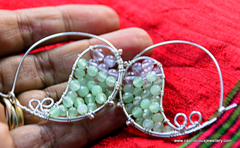 Sterling silver hoop earrings with jade and amethyst beads by Caprilicious Jewellery