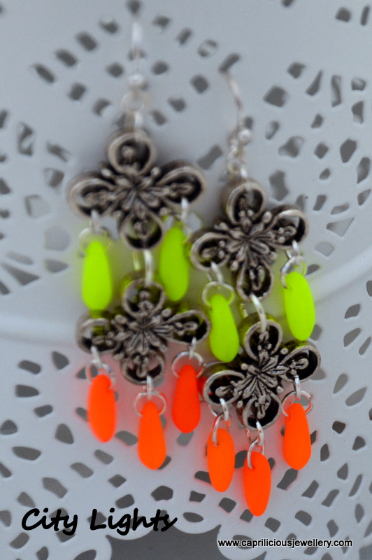 City Lights - neon Czech glass and pewter earrings by Caprilicious Jewellery