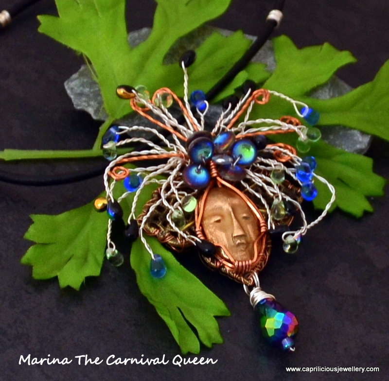 Bronze clay face, wire wrapped - Carnival Queen by Caprilicious Jewellery