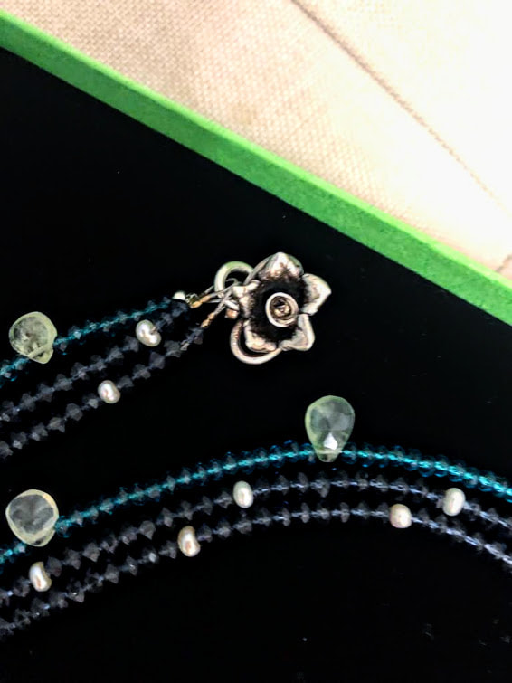 sterling silver, iolite, neon apatite, seed pearls, stacked necklaces