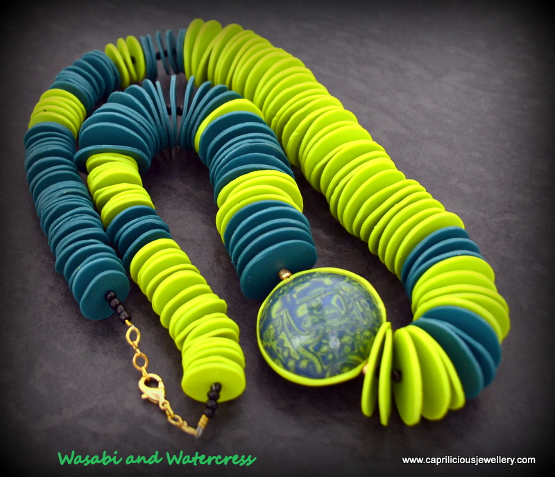 Wasabi and Watercress - polymer clay wafer chip beads and a Mokume Gane lentil bead by Caprilicious Jewellery