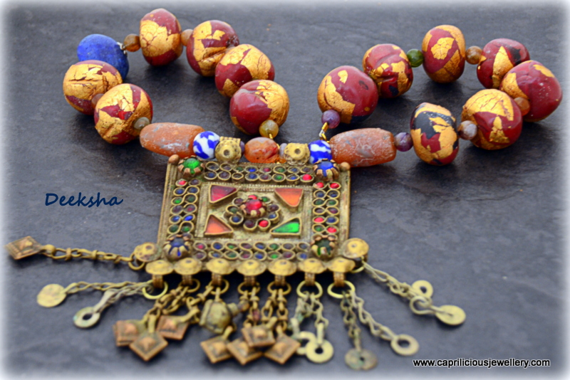 Deeksha - polymer clay beads and Afghani pendant by Caprilicious Jewellery