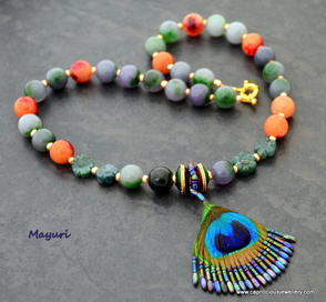 Peacock feather and agate necklace by Caprilicious Jewellery
