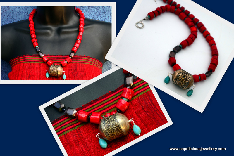Coral and turquoise necklace with a Moroccan focal pendant bead by Caprilicious Jewellery