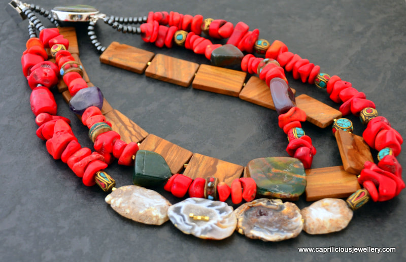 Coral, wood jasper, colourful multistrand necklace by Caprilicious Jewellery