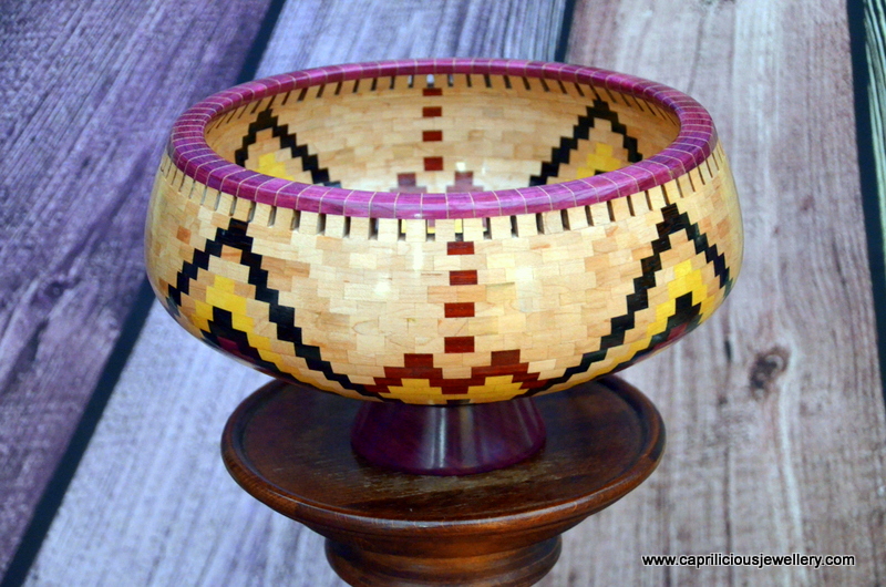 Wood mosaic bowl with polymer clay insert by Caprilicious Jewellery
