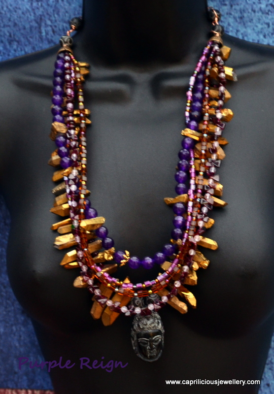 Multistrand electroplated quartz needles and amethyst/garnet necklace by Caprilicious Jewellery