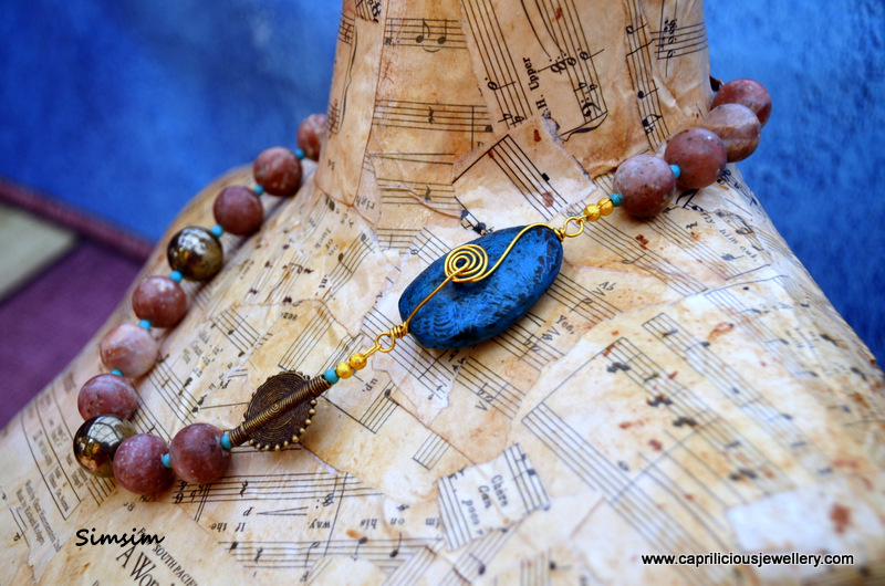  Red Sesame Jasper necklace with pyrite and a polymer clay cabochon by Caprilicious Jewellery