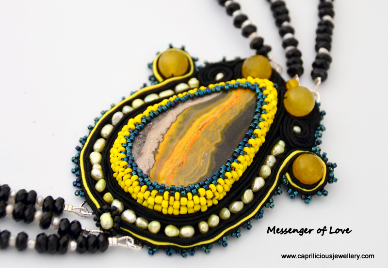 Bumble bee jasper pendant, soutache embroidery and black onyx and pearl necklace, shell box clasp by Caprilicious Jewellery