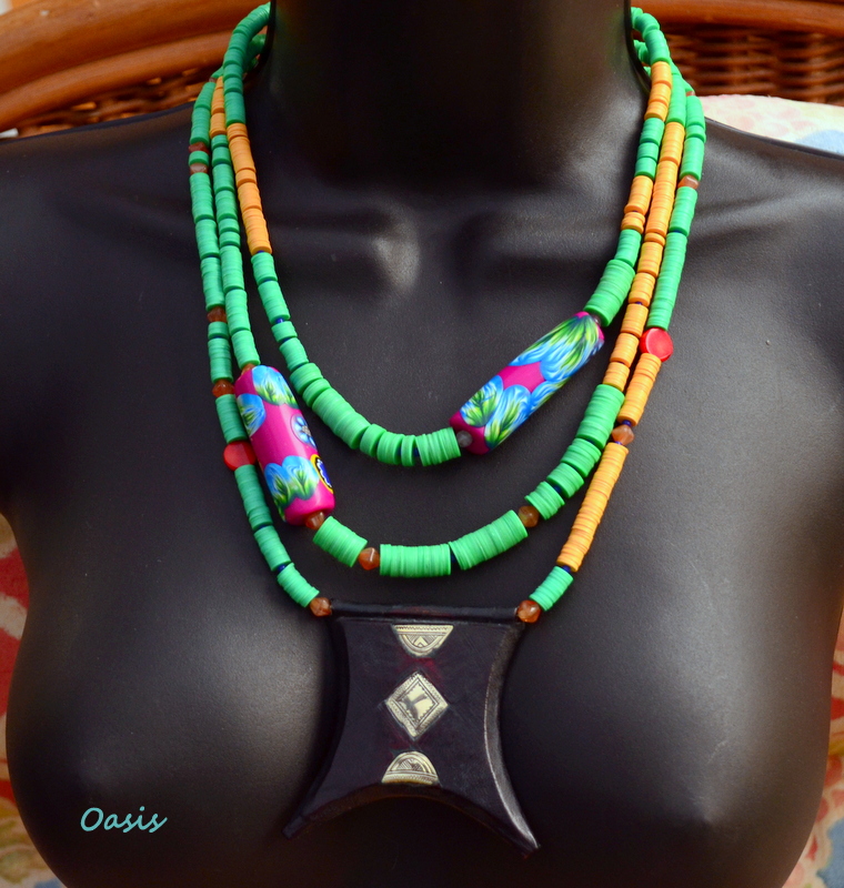Berber Tcherot Necklace with vinyl trade beads from Africa and polymer clay beads by Caprilicious Jewellery