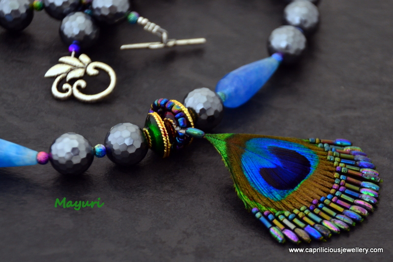 Mayuri - peacock feather and shell pearls/ blue agate by Caprilicious Jewellery
