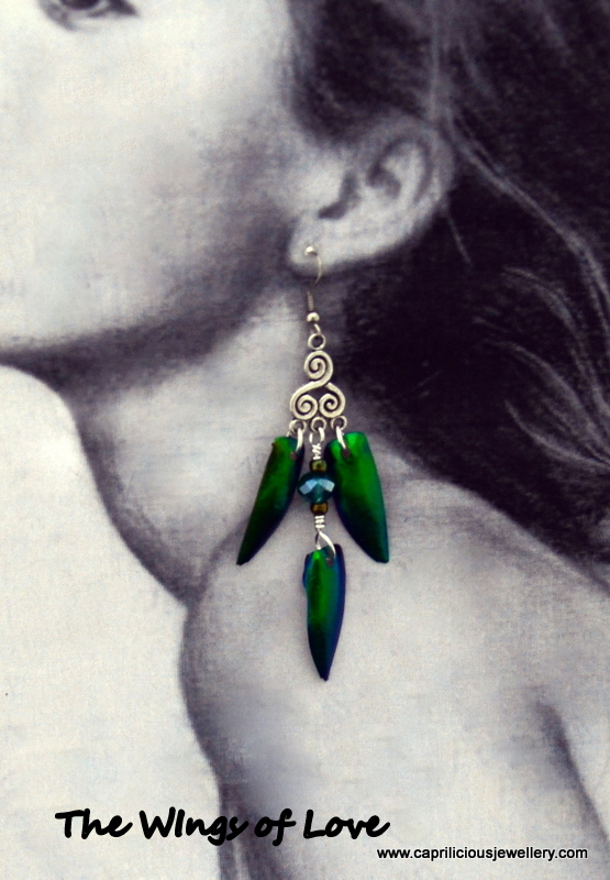 Earrings made from the wings of the Jewellery Beetle by Caprilicious Jewellery