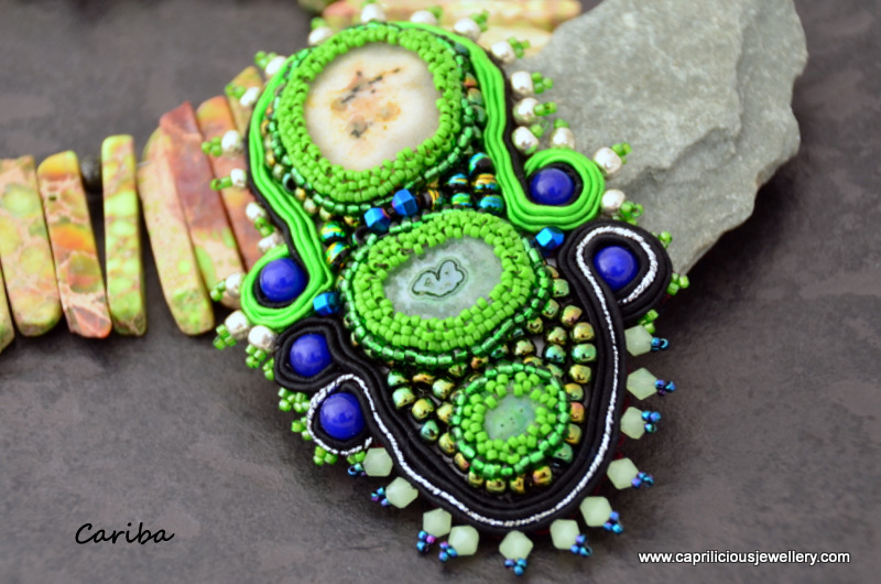 Cariba - solar quartz, beadwork and soutache pendant, sea sediment jasper tusk beads by Caprilicious Jewellery