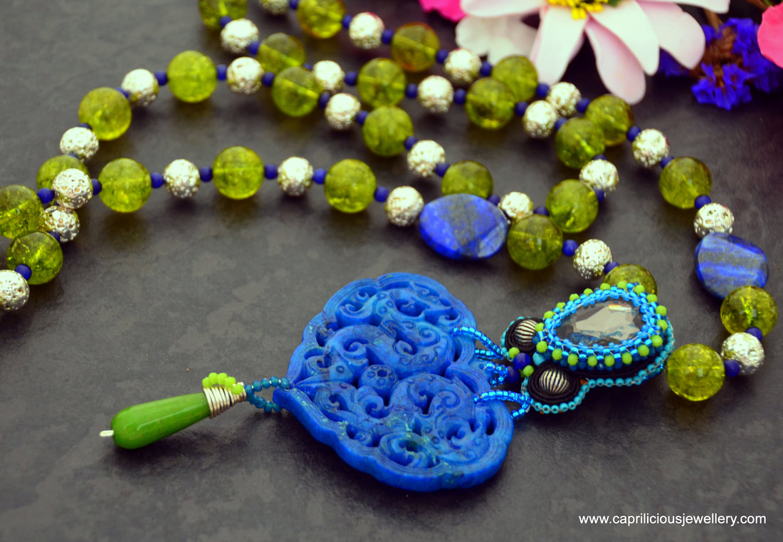 peridot, multistrand necklace, statement necklace, lava beads, blue and green, silver