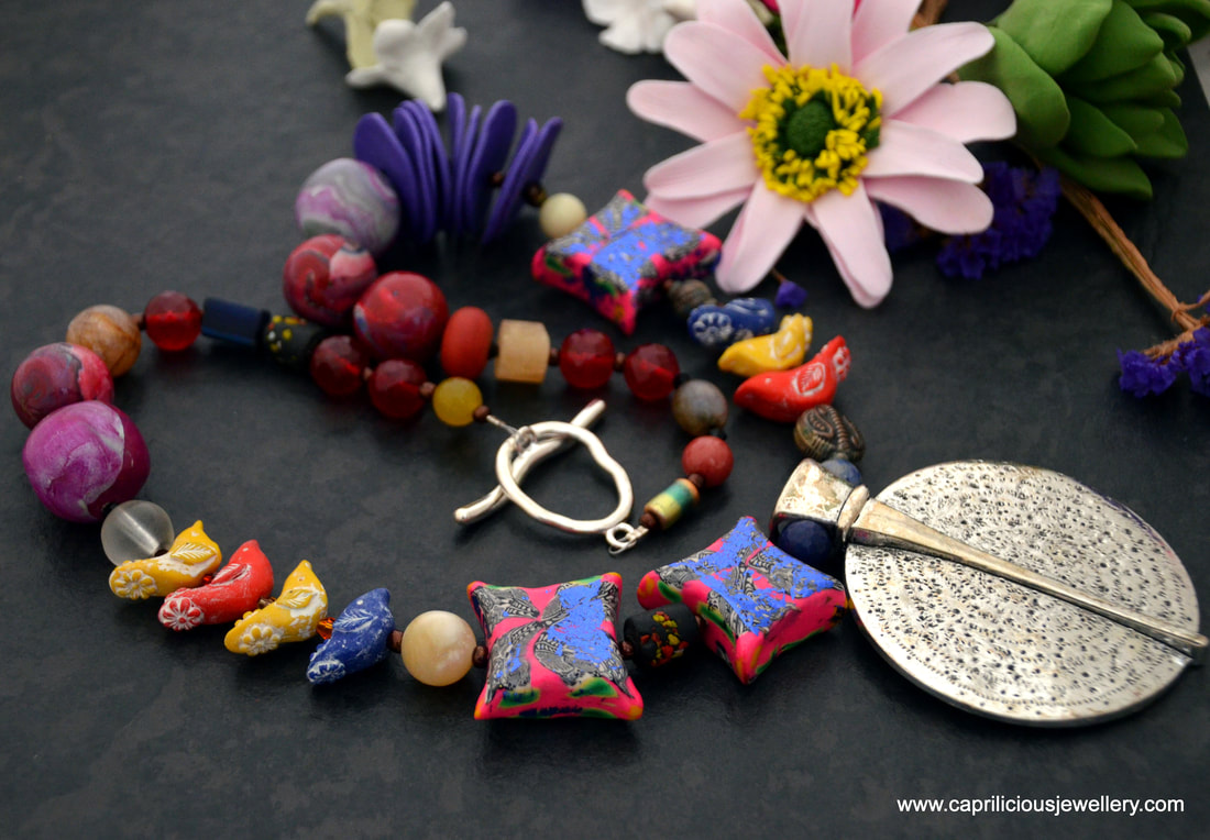 polymer clay beads, birds, tribal necklace, colourful necklace, affordable gifts, statement necklace