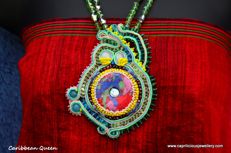 Soutache embroidery and beadwork donut pendant on a necklace of crystals - Caribbean Queen by Caprilicious Jewellery