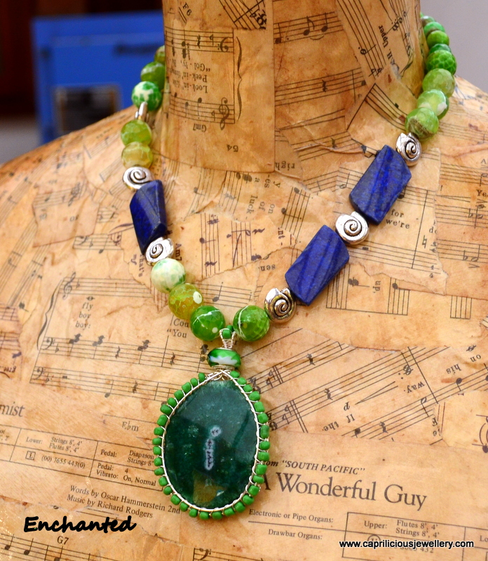 Solar Quartz, green fire agate and lapis lazuli necklace by Caprilicious Jewellery
