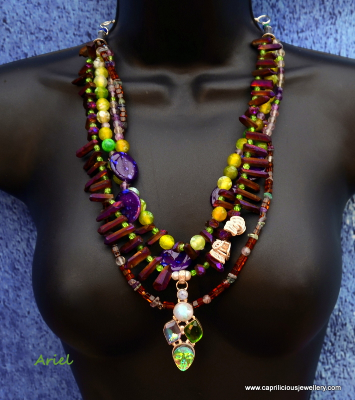 Multi strand necklace with titanium plated quartz needles by Caprilicious Jewellery