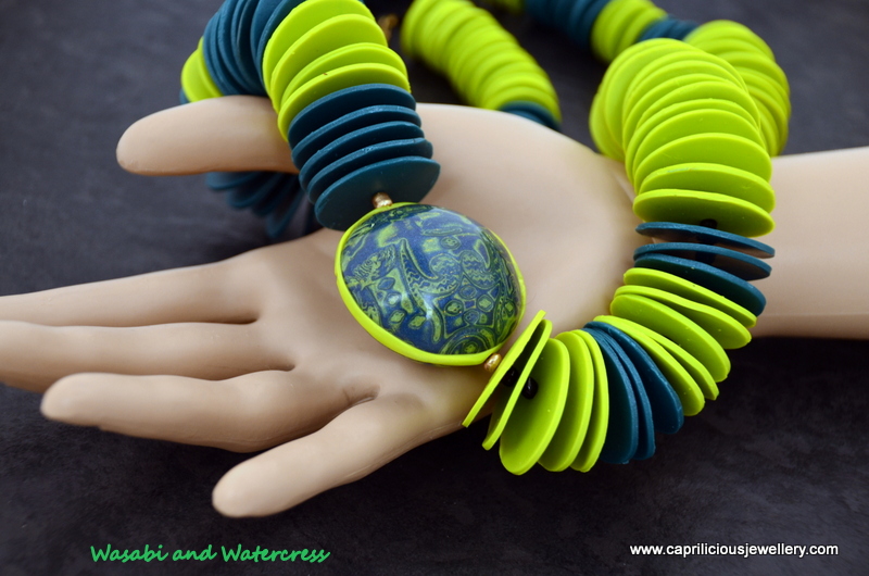Wasabi and Watercress - polymer clay wafer chip beads and a Mokume Gane lentil bead by Caprilicious Jewellery