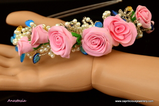 Anastasia - polymer clay rose and wire/ pearl hair band tiara by Caprilicious Jewellery