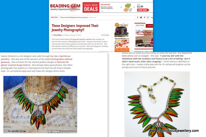 Having won a photography giveaway on the Beading Gem's Blog, Caprilicious is featured by Pearl Blay for the second time